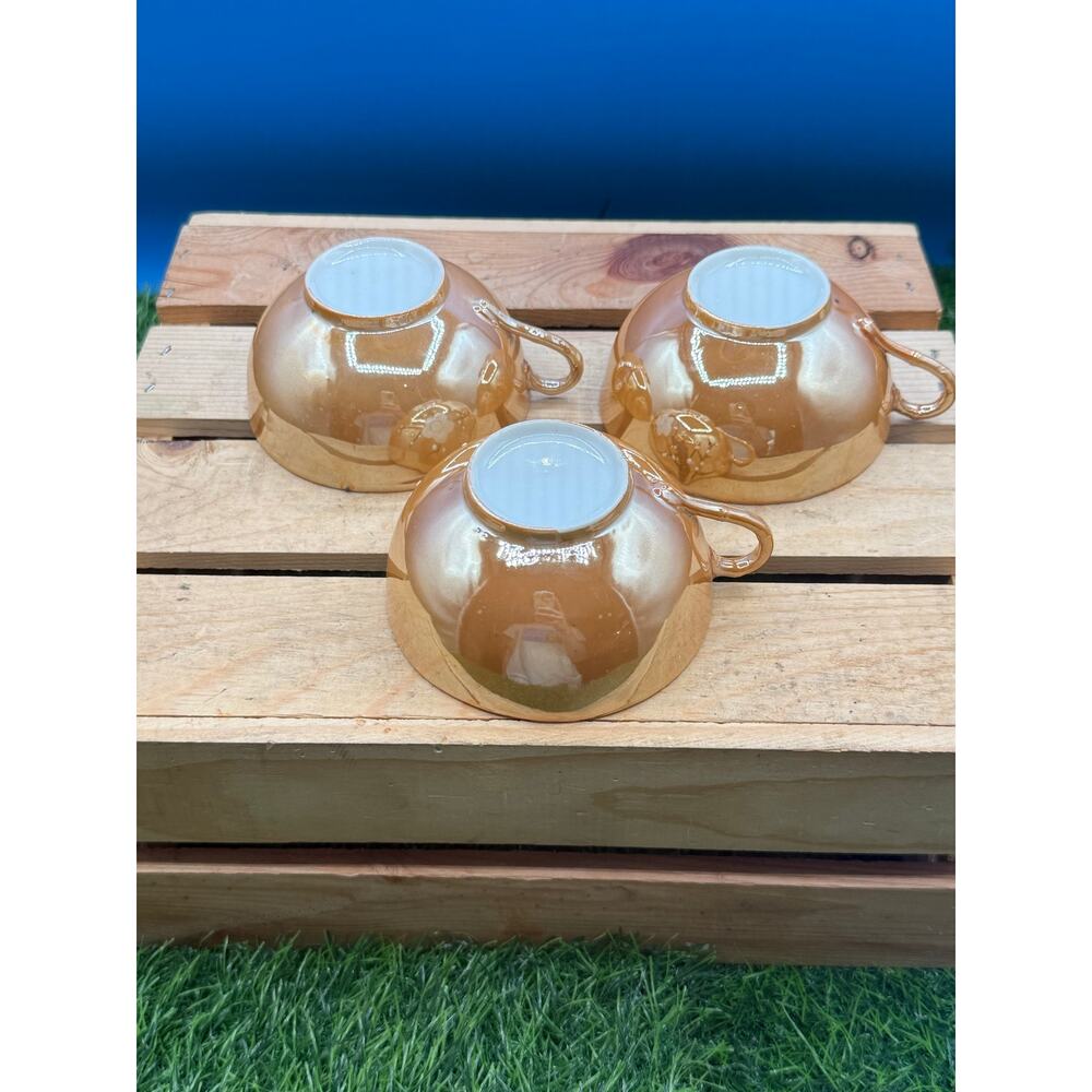 Vintage Japanese Lustreware Cherry Blossom Tea Cups & Saucers - Set of 3 - Picture 8 of 8